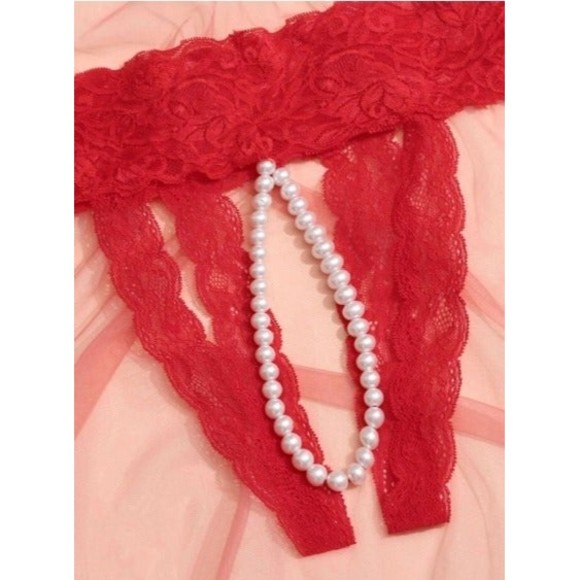 3 for $20 Plus Size Red Floral Lace Pearls Crotchless Thong Panty - Picture 5 of 5